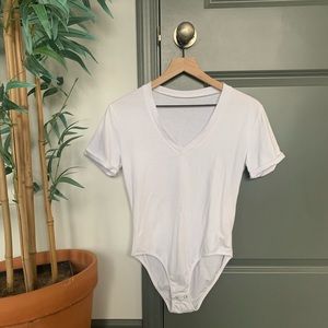 V neck White Bodysuit with buttons